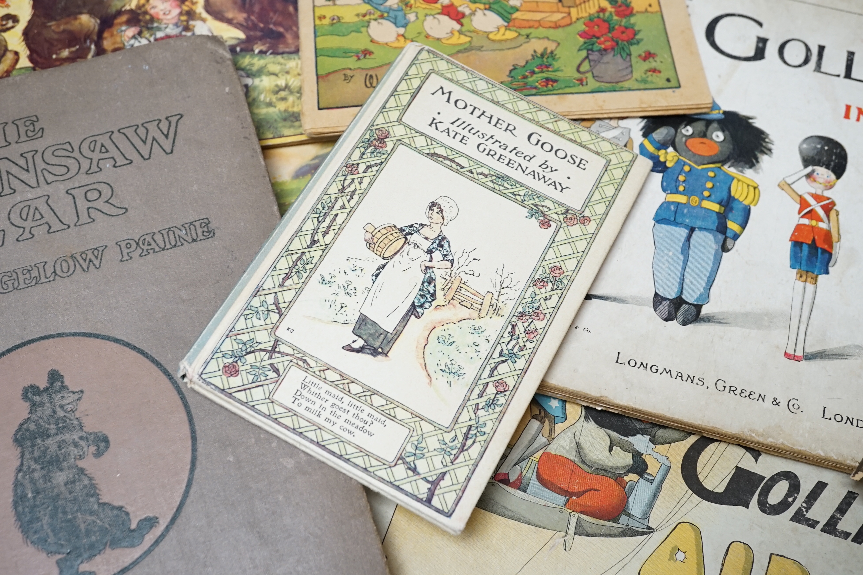 Mixed children's books, a pack of old postcards and three golly books by Francis Upton